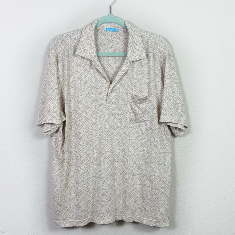 J. McLaughlin Beige White Abstract Print Linen Blend Polo Shirt size Medium